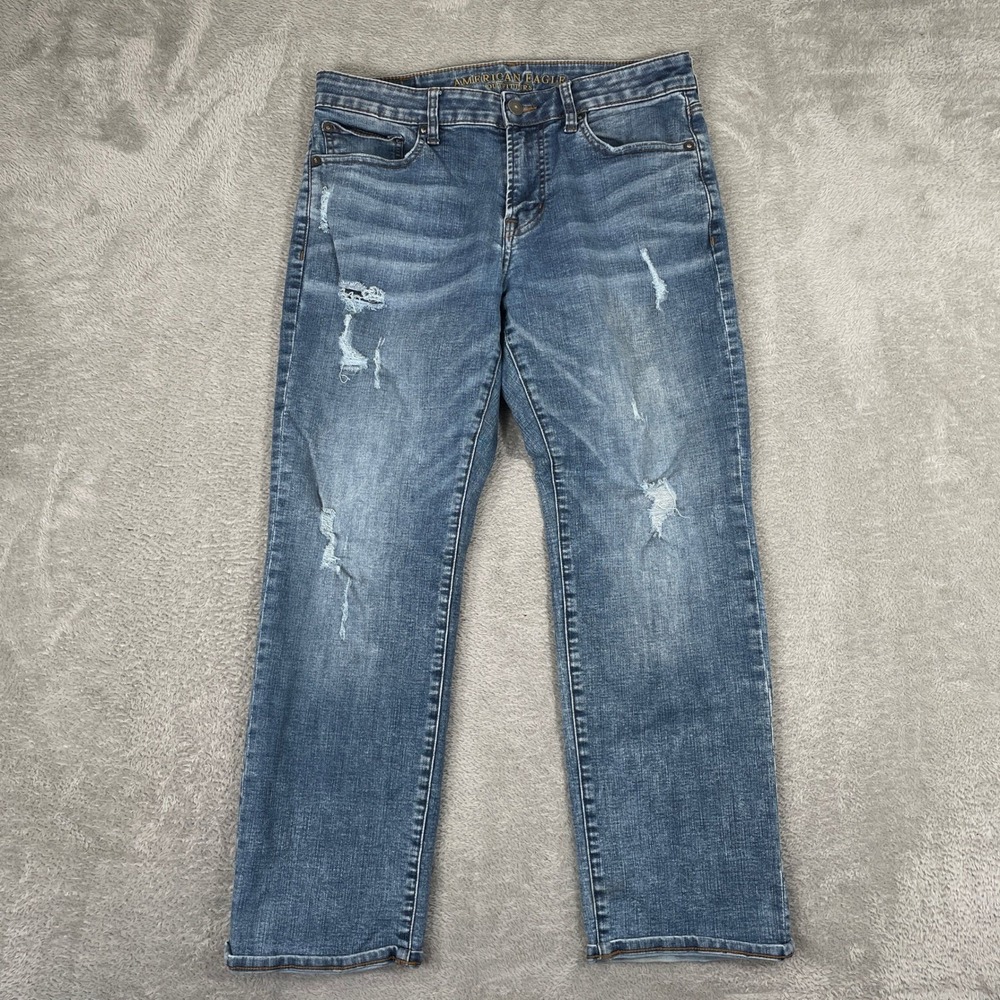 American Eagle Jeans Mens 32x28 Blue Extreme Flex Slim Straight Distressed Denim